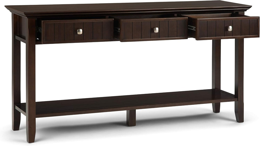 SIMPLIHOME Acadian Console Table - 60 Inch Wide Solid Wood Sofa Table in Brunette Brown, Transitional Storage Table for Entryway or Living Room with 3 Drawers and Open Bottom Shelf