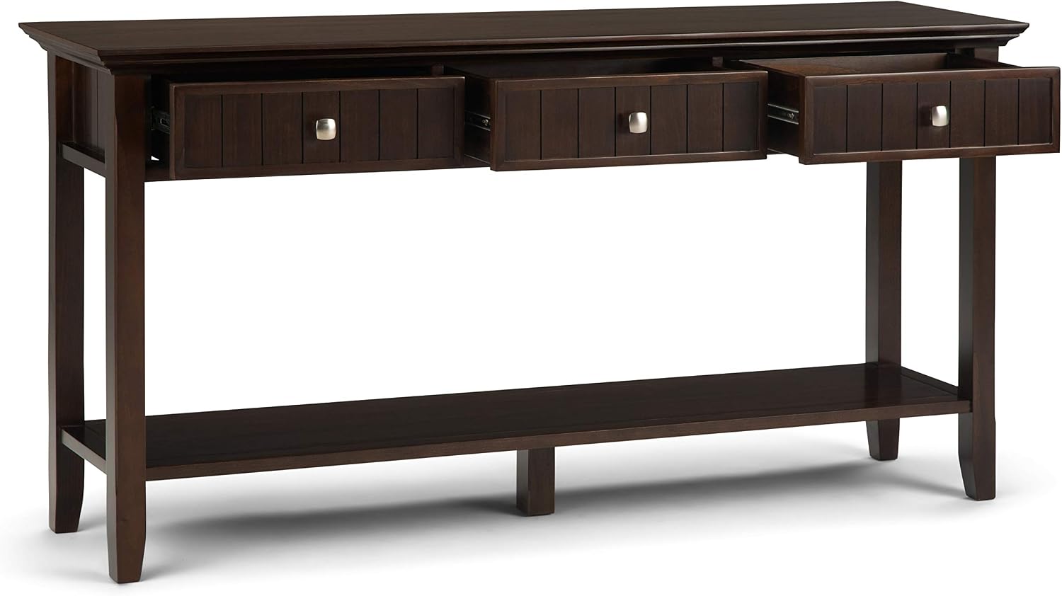 SIMPLIHOME Acadian Console Table - 60 Inch Wide Solid Wood Sofa Table in Brunette Brown, Transitional Storage Table for Entryway or Living Room with 3 Drawers and Open Bottom Shelf