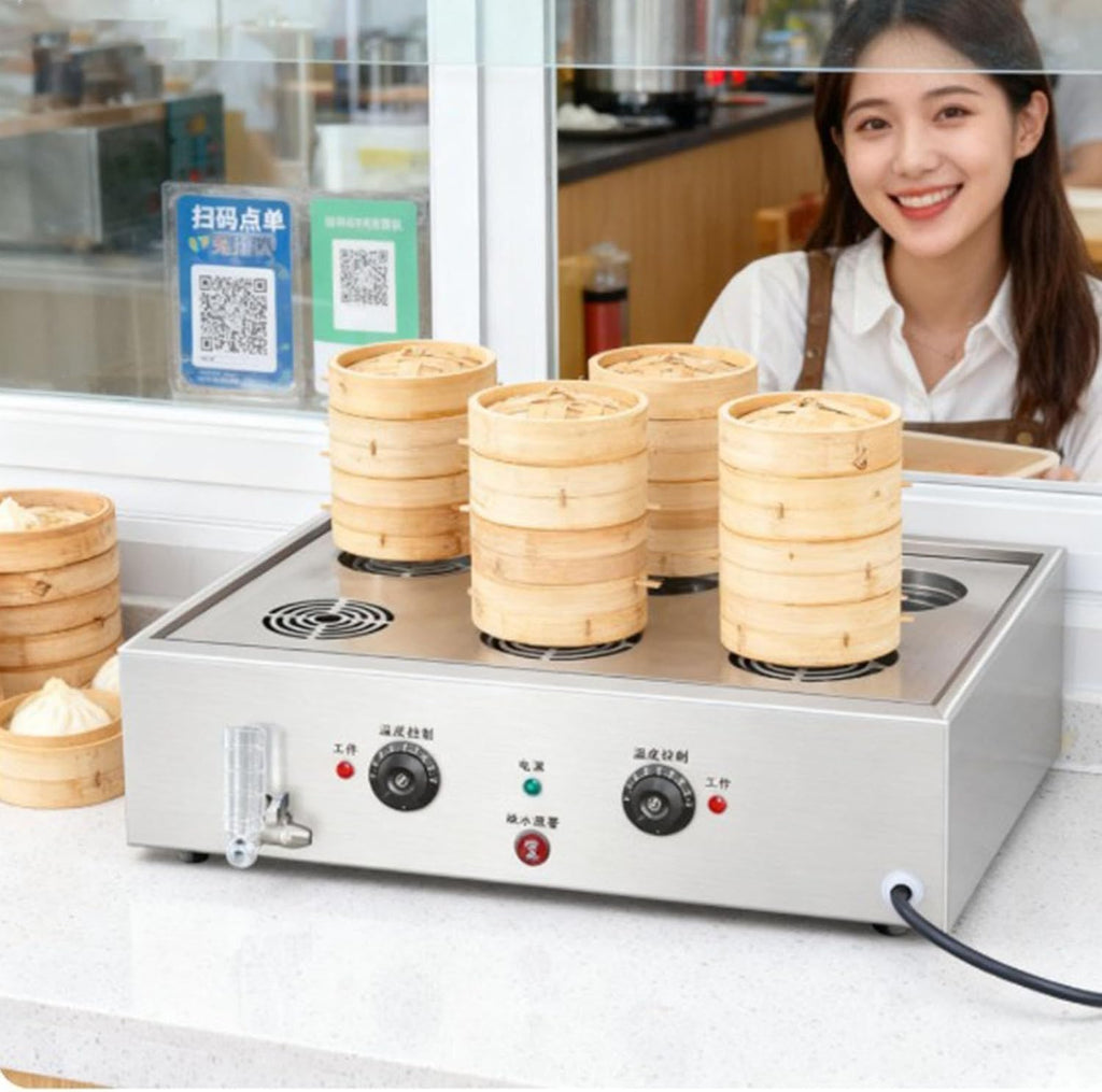 Temperature Control Large Capacity Bun Steamer, Multifunction Commercial Home Kitchen Appliance Electric Steam Pot Dry Boiling Alarm for Breakfast Shop, School,6 Holes