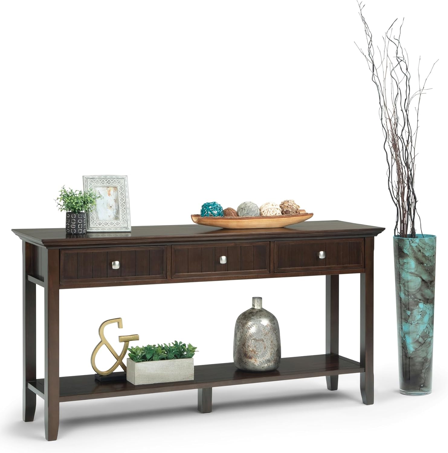 SIMPLIHOME Acadian Console Table - 60 Inch Wide Solid Wood Sofa Table in Brunette Brown, Transitional Storage Table for Entryway or Living Room with 3 Drawers and Open Bottom Shelf