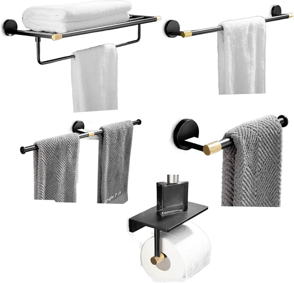 Bathroom Towel Rack Set,5 Pcs Bathroom Hardware Set Black Gold Bath Towel Bar Set,Towel Bar,Toilet Paper Holder,Towel Ring,Brass Wall Mounted Bathroom Accessories kit