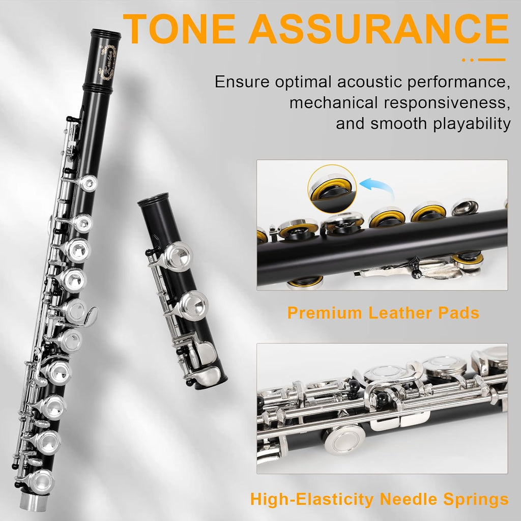Kmise Closed Hole C Flute, Responsive Flute Instrument, Premium and Durable Flutes with Gig Bag, Collapsible Stand, Beginner's Guide, Cleaning Kit - Effortless for Beginners, Students (Matte Black)