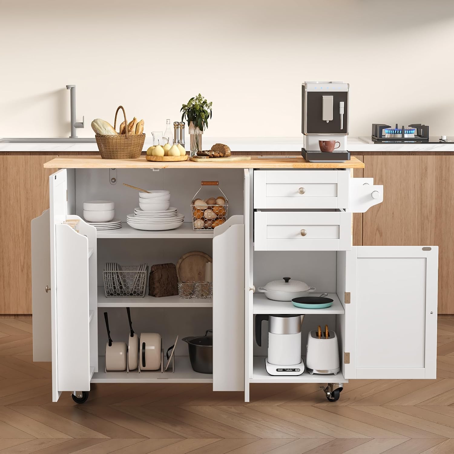HOMREST 50.4' Kitchen Island with Drop Leaf & Power Outlet, Farmhouse Rolling Island Cart with 3 Spices Shelves on Wheels, Mobil Kitchen Island Table with Rubberwood Countertop Towel Rack, White
