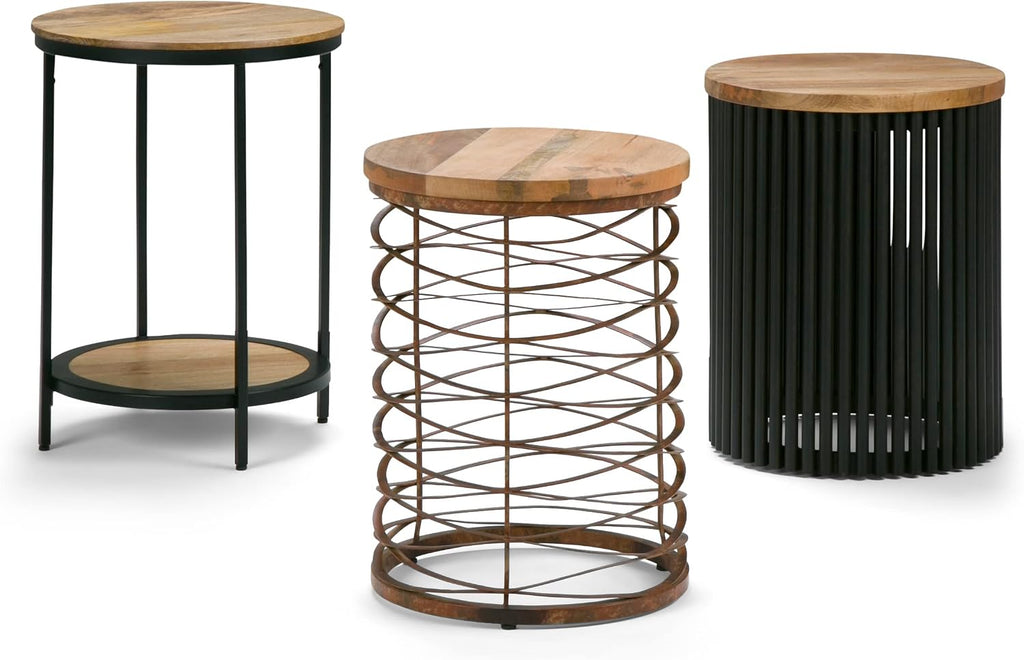 SIMPLIHOME Demy Metal and Wood Accent Table - 18 inch Wide Solid Metal Round End Table in Natural and Black, Industrial Side Table or Coffee Table for Living Room with Compact Design, Assembled | Side Table