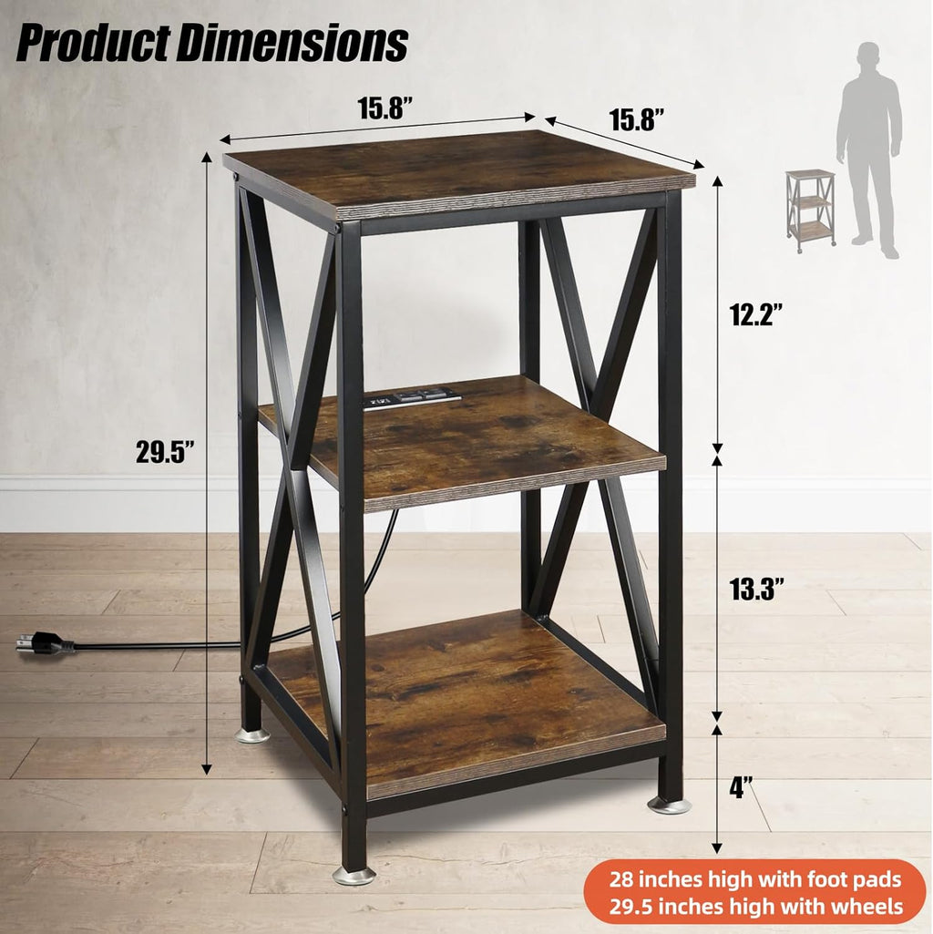 End Tables Living Room Set of 2, Square End Table with Charging Station, 16' D X 16' W X 28' H, Wood and Metal Table with USB Ports and Outlets, Side Table with Wheels for Living Room, Bedroom