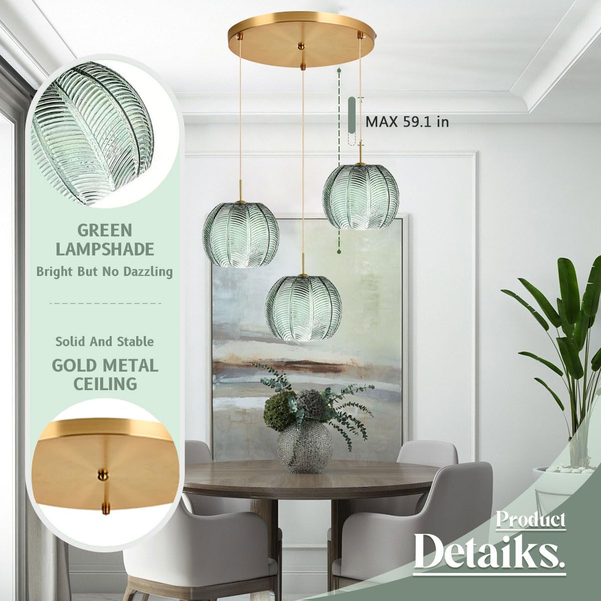 Cluster Chandelier Lights,Gold Green Chandeliers Glass Globe Hanging Pendant Light Fixture Classic Green Shade Adjustable Height Mid Century Modern Sputnik Chandelier Dining Room