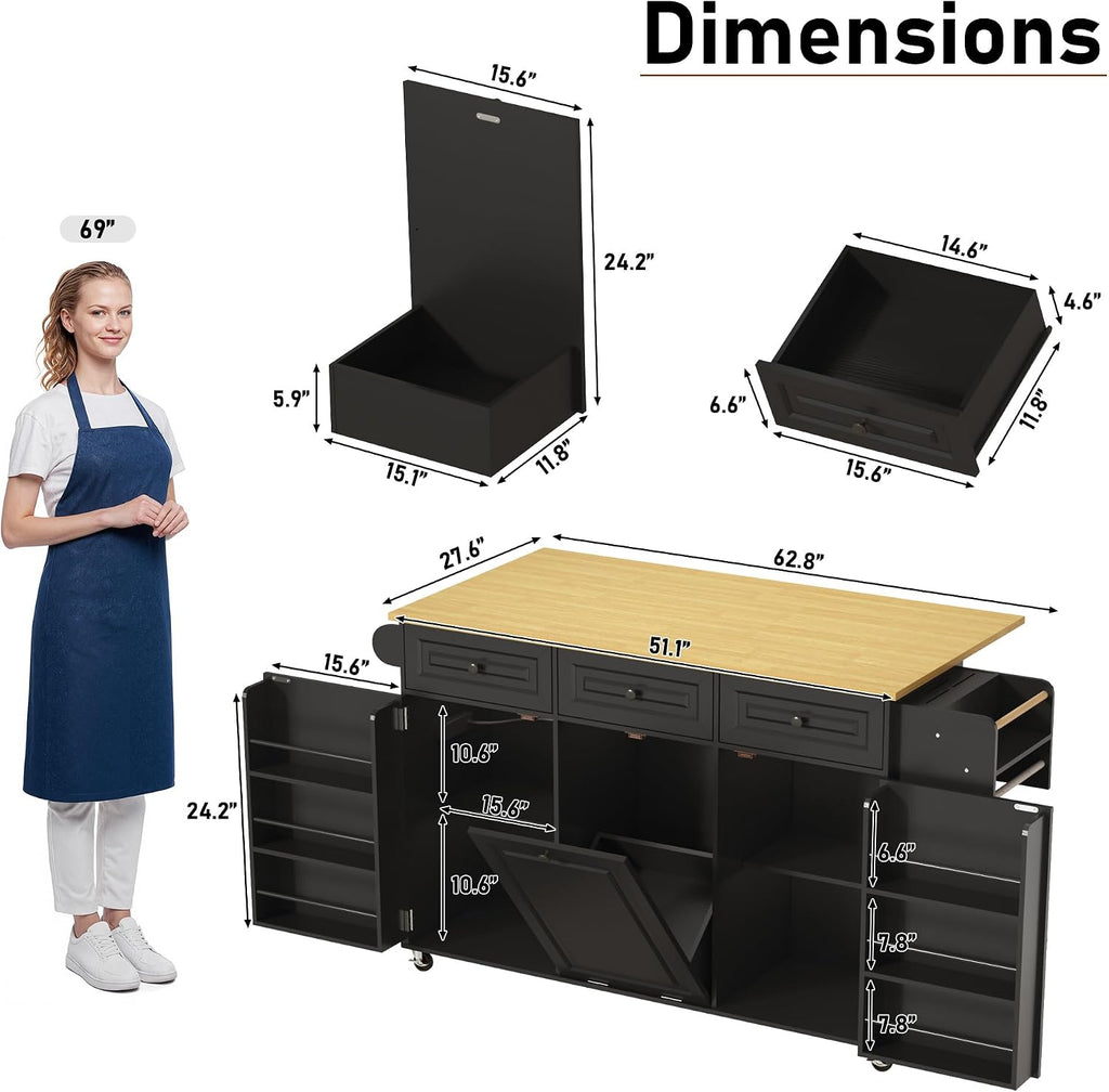 St.Mandyu 63 inch Rolling Kitchen Island with Power Outlet, Drop Leaf & Storage Cabinet - Mobile Cart with Hidden Trash Cabinet, Spice Rack, Shelves, and Towel Holder for Small Spaces,Black
