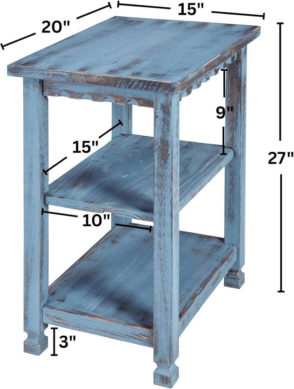 Alaterre Furniture Country Cottage Rustic Farmhouse Nightstand – 3-Tier Narrow End Table with Weathered Faded Finish, Carved Edges, & Turned Legs (Distressed Antique Blue)