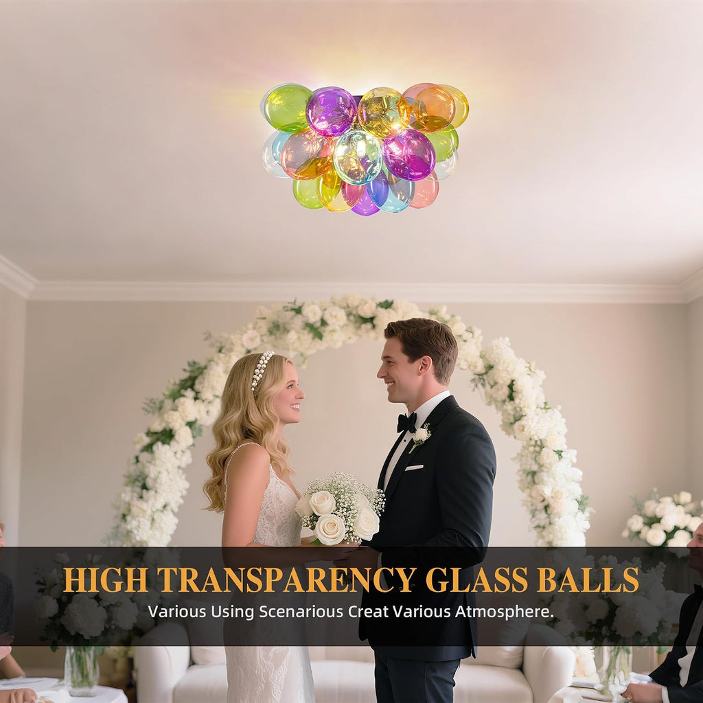 Semi Flush Mount Bubble Chandelier,Close to Ceiling Light Fixtures,16' Modern Bubble Balloon Glass Chandelier with Colorful Globe Glass Shades Pendant Light (Colorful Ceiling, 20 inch)