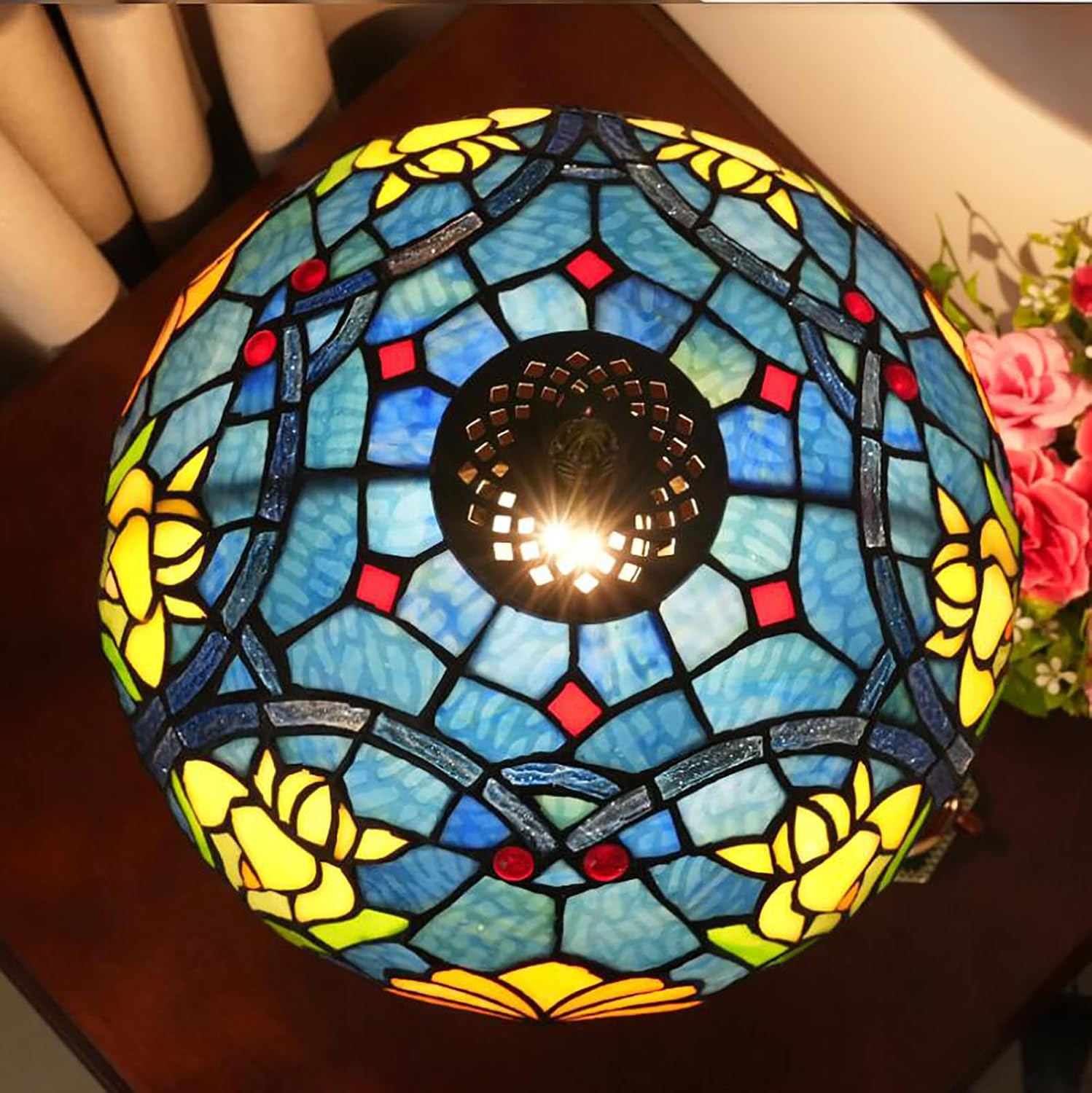 Tulip Lamp Shade Replacement, 12 Inch Yellow Tulip Blue Green Stained Glass Lampshade for Table Lamp, Floor Lamp, Bedside Lamp, Ceiling Light,
