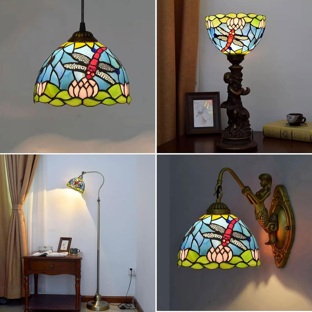 8 Inch Wide Tiffany Lamp Shade Accessories Replacement Only Dragonfly Stained Glass Lampshades Vintage Green Blue Light Cover for Table Lamp Wall lamps Chandelier Ceiling Pendant,Blue