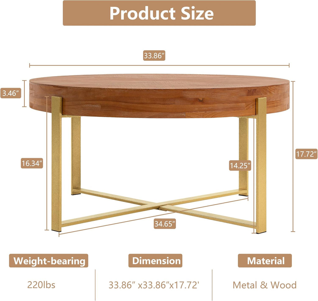 33.86' Round Coffee Table with X-Shaped Gold Metal Legs, Solid Wood Circle Table for Living Room, Retro Circular Table, Natural