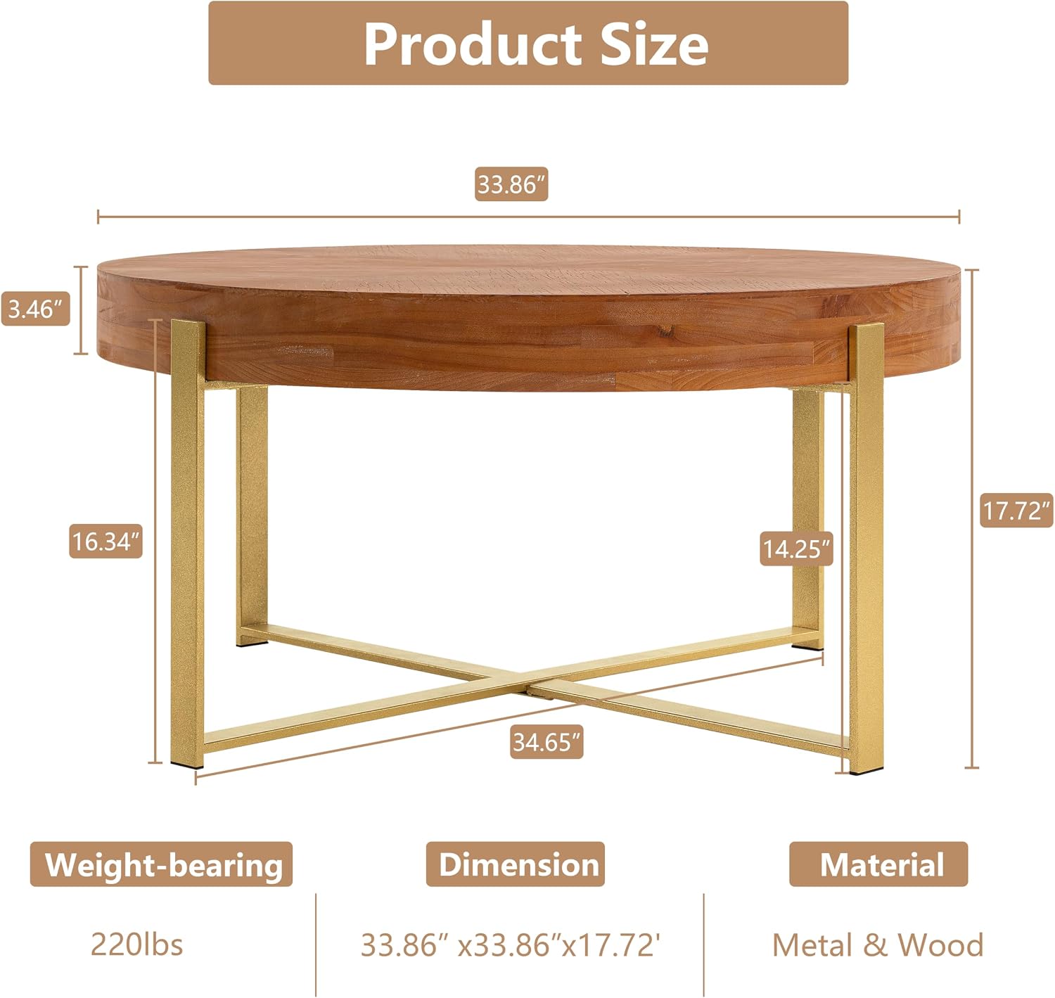 33.86' Round Coffee Table with X-Shaped Gold Metal Legs, Solid Wood Circle Table for Living Room, Retro Circular Table, Natural