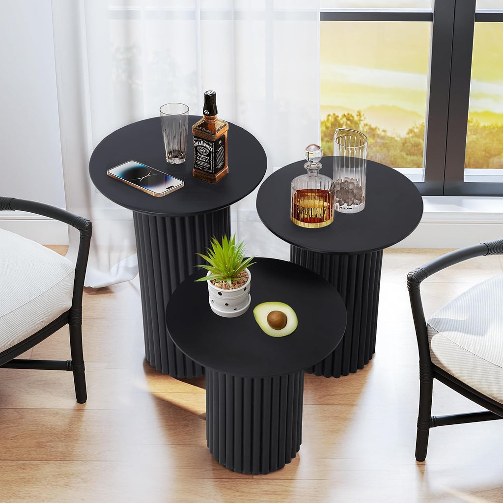 Bifins Round Nesting Coffee Table Set of 3,Mid Century Modern Fluted Coffee and End Table Set,Small Circle Wooden Side Table Drink Table for Living Room (Black)