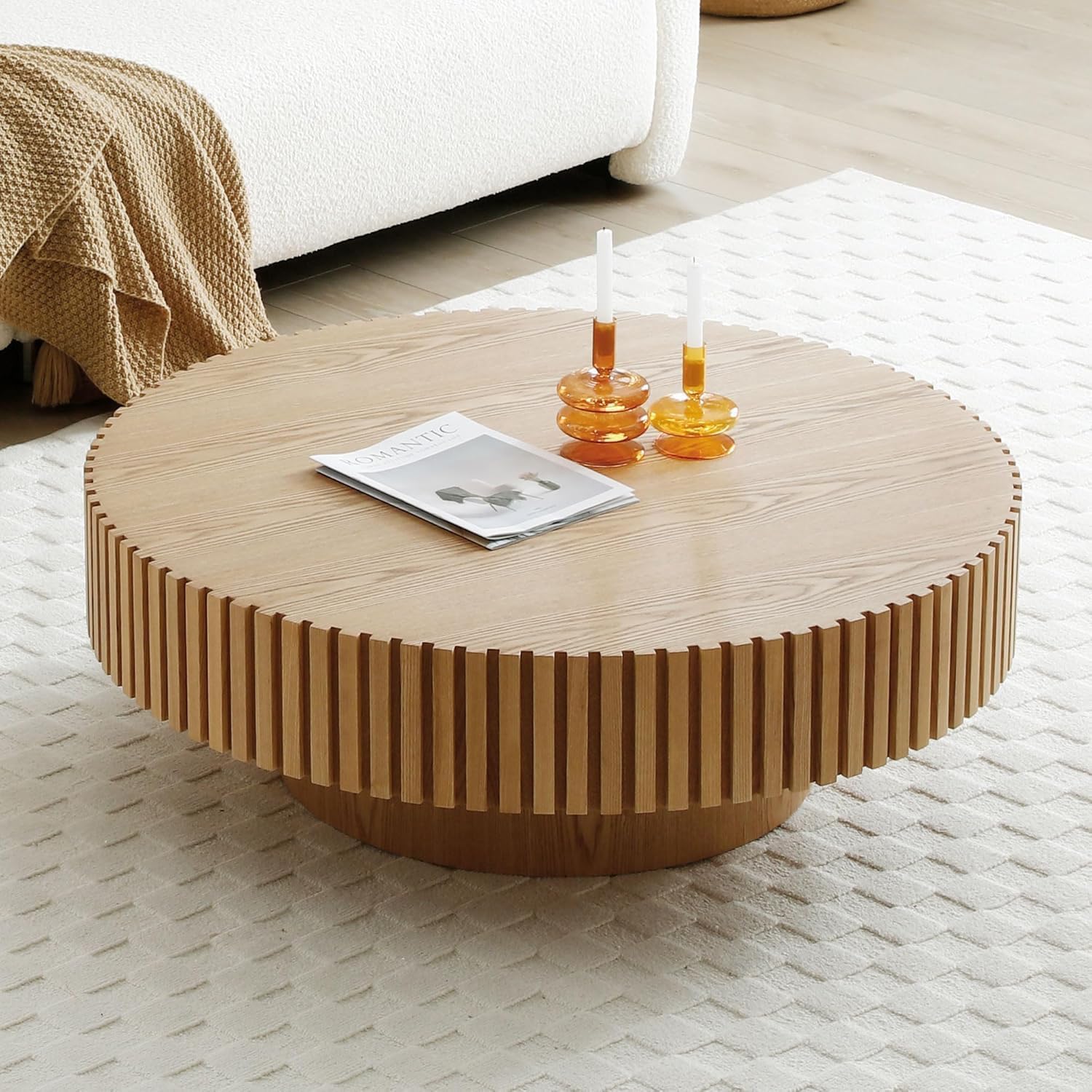 ø39.37'' Oak Round Coffee Table for Living Room Circle Coffee Table Contemporary Wood Coffee Table with Pedestal, Easy Assembly