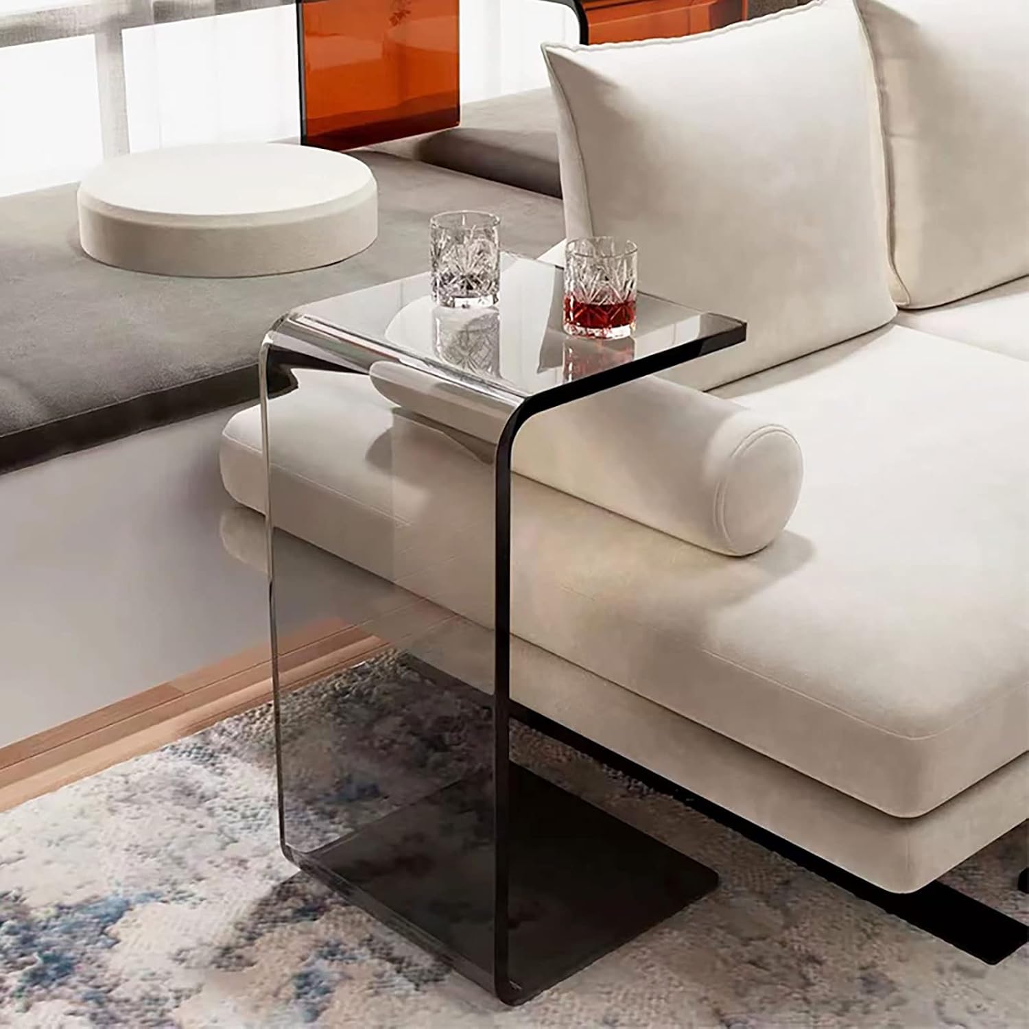 Acrylic C Table for Couch, 25.6 in Multipurpose C Shape Side Table Clear Acrylic Couch Table, Modern End Table Snack Laptop Holder, Slim Accent Sofa Side Table for Living Room Bedroom Patio