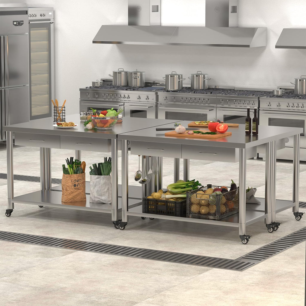 Stainless Steel Work Table with Drawers, 48'x24' Prep Table for Commercial Kitchen, Heavy-Duty Workbench Worktable Rolling Kictchen Island with Wheels for Home Kitchen and Restaurant