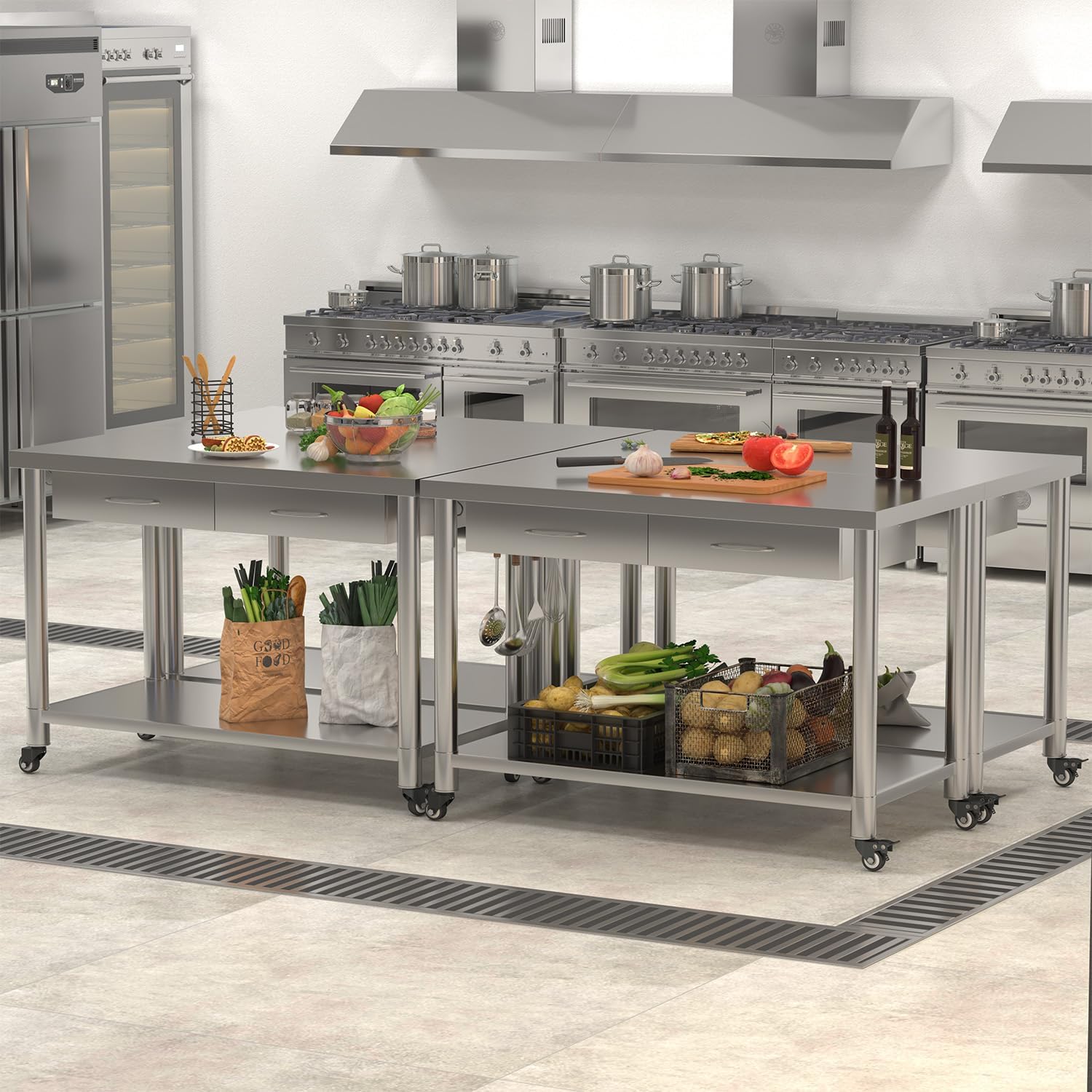 Stainless Steel Work Table with Drawers, 48'x24' Prep Table for Commercial Kitchen, Heavy-Duty Workbench Worktable Rolling Kictchen Island with Wheels for Home Kitchen and Restaurant
