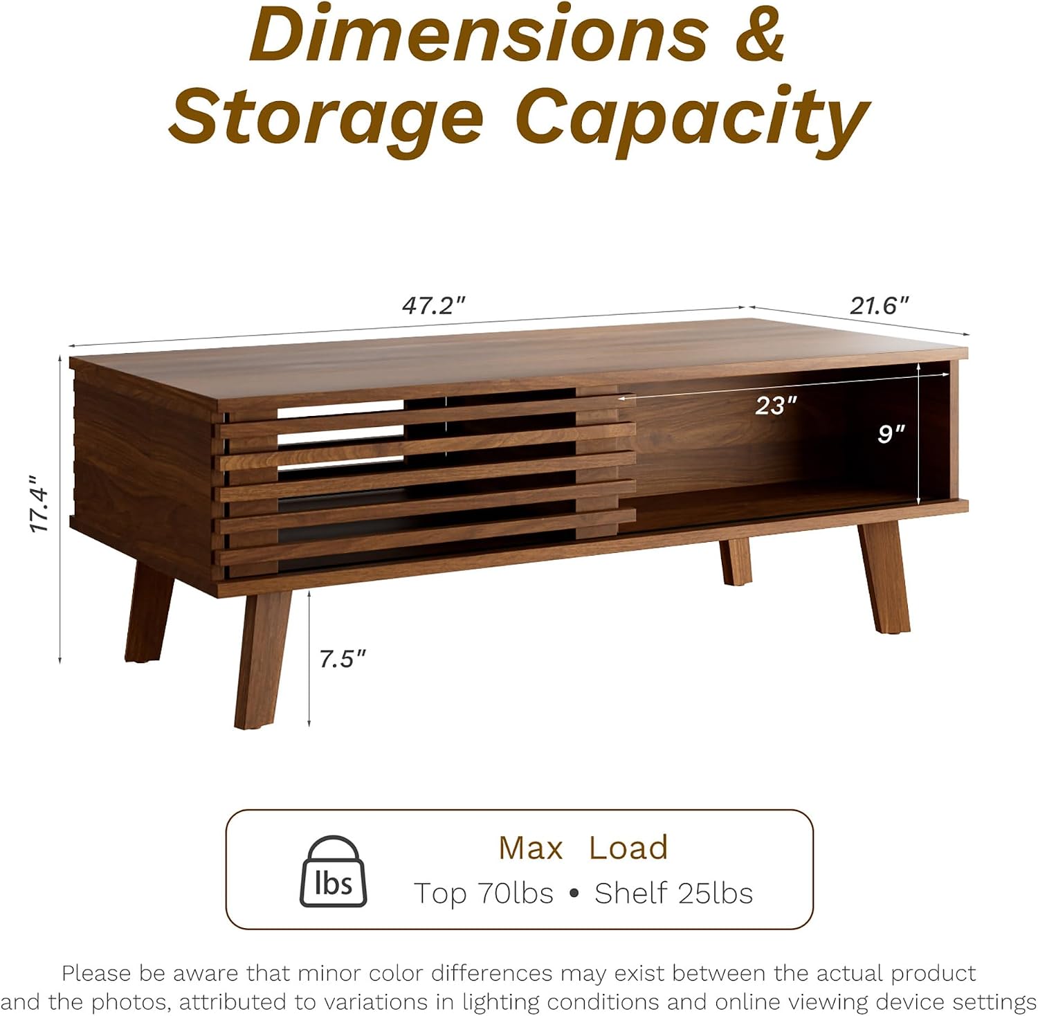 MAISONARIA Mid Century Coffee Table with Storage & Sliding Fence Door, Modern Coffee Tables for Living Room, Walnut Finish