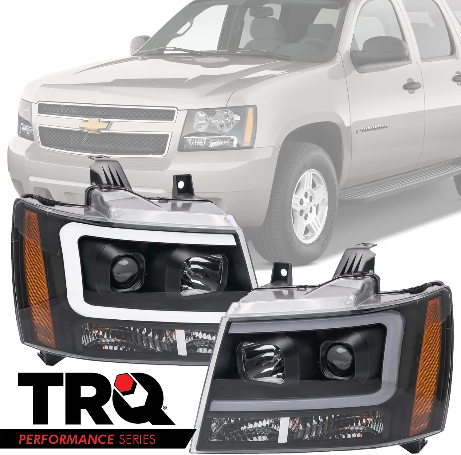 TRQ Performance Driver and Passenger Side Headlight Assembly Set Black Housing Projector Clear Lens Compatible with 07-13 Chevrolet Avalanche 07-13 Chevrolet Suburban 2500 07-14 Tahoe