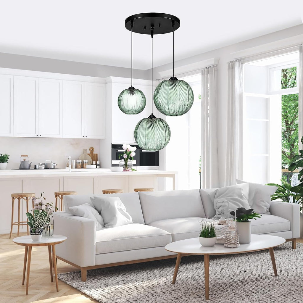GXF 3 in 1 Green Cluster Pendant Light Fixtures, E26 E27 Large Glass Chandelier Mid Century Modern Chandelier Ribbed Blown Glass Globe Shade Hanging Light Ceiling Light for Living Room Restaurant Bar