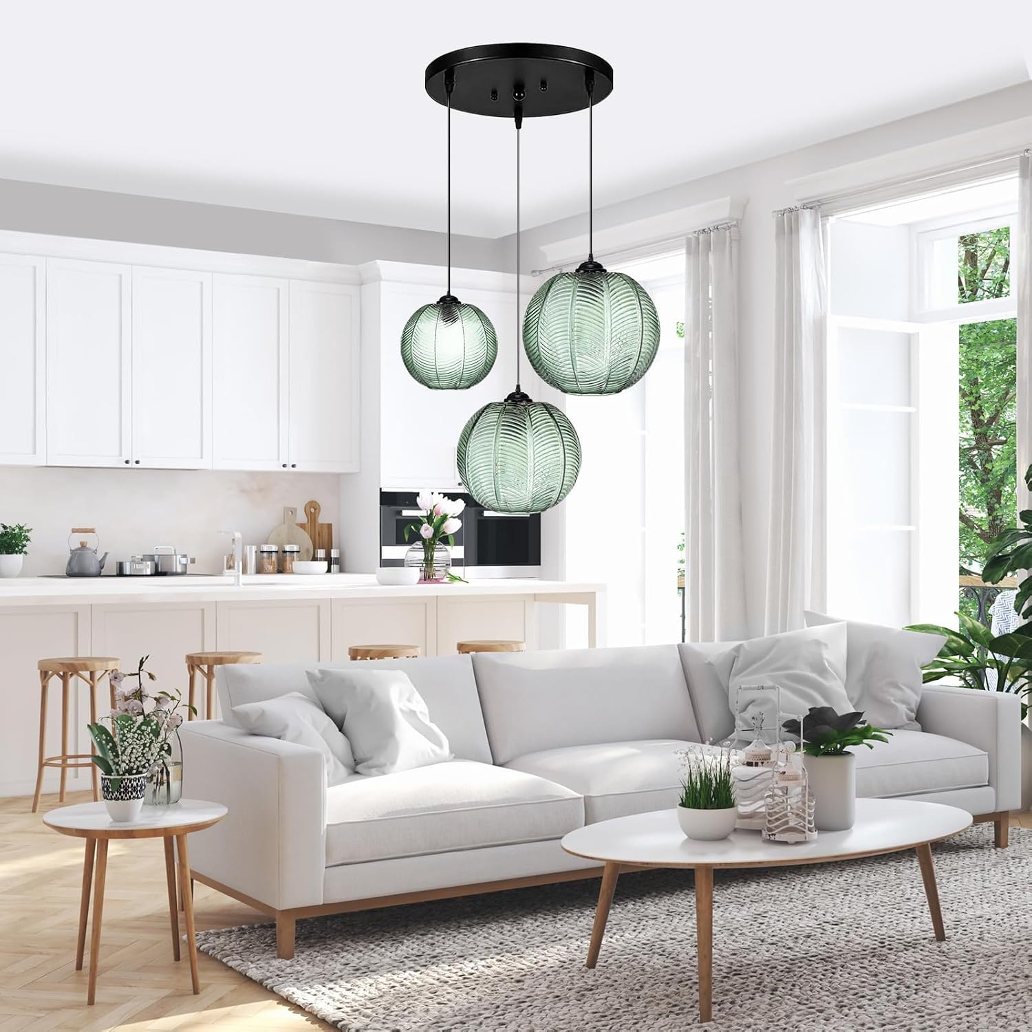 GXF 3 in 1 Green Cluster Pendant Light Fixtures, E26 E27 Large Glass Chandelier Mid Century Modern Chandelier Ribbed Blown Glass Globe Shade Hanging Light Ceiling Light for Living Room Restaurant Bar