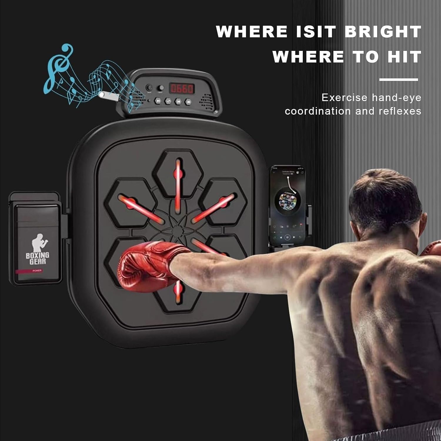 Music Boxing Machine,Can Connec Smart Music Boxing Machine Wall Mounted with 2 Pairs of Boxing Gloves