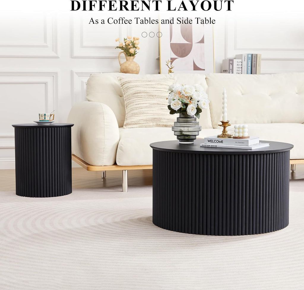Fluted Round Nesting Coffee Table Set of 2, Mid Century Modern Wood Coffee Table and End Table Set, Minimalist Center Tables Circle Side Table for Living Room, Office(Black