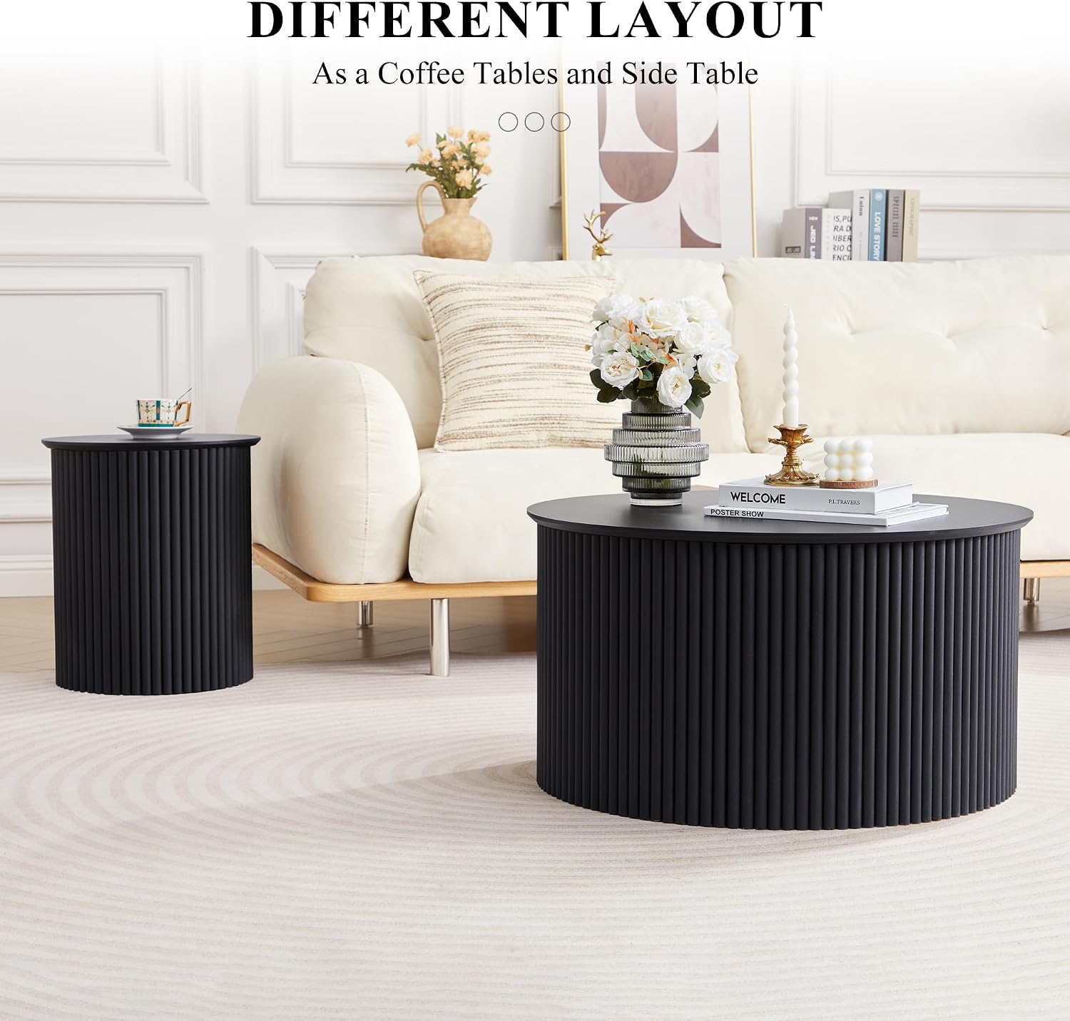 Fluted Round Nesting Coffee Table Set of 2, Mid Century Modern Wood Coffee Table and End Table Set, Minimalist Center Tables Circle Side Table for Living Room, Office(Black