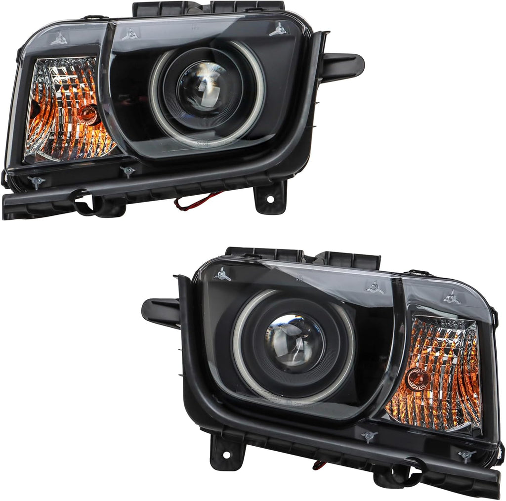 TRQ Performance Driver and Passenger Side Headlight Assembly Set Compatible with 10-13 Chevy Camaro Halogen Only