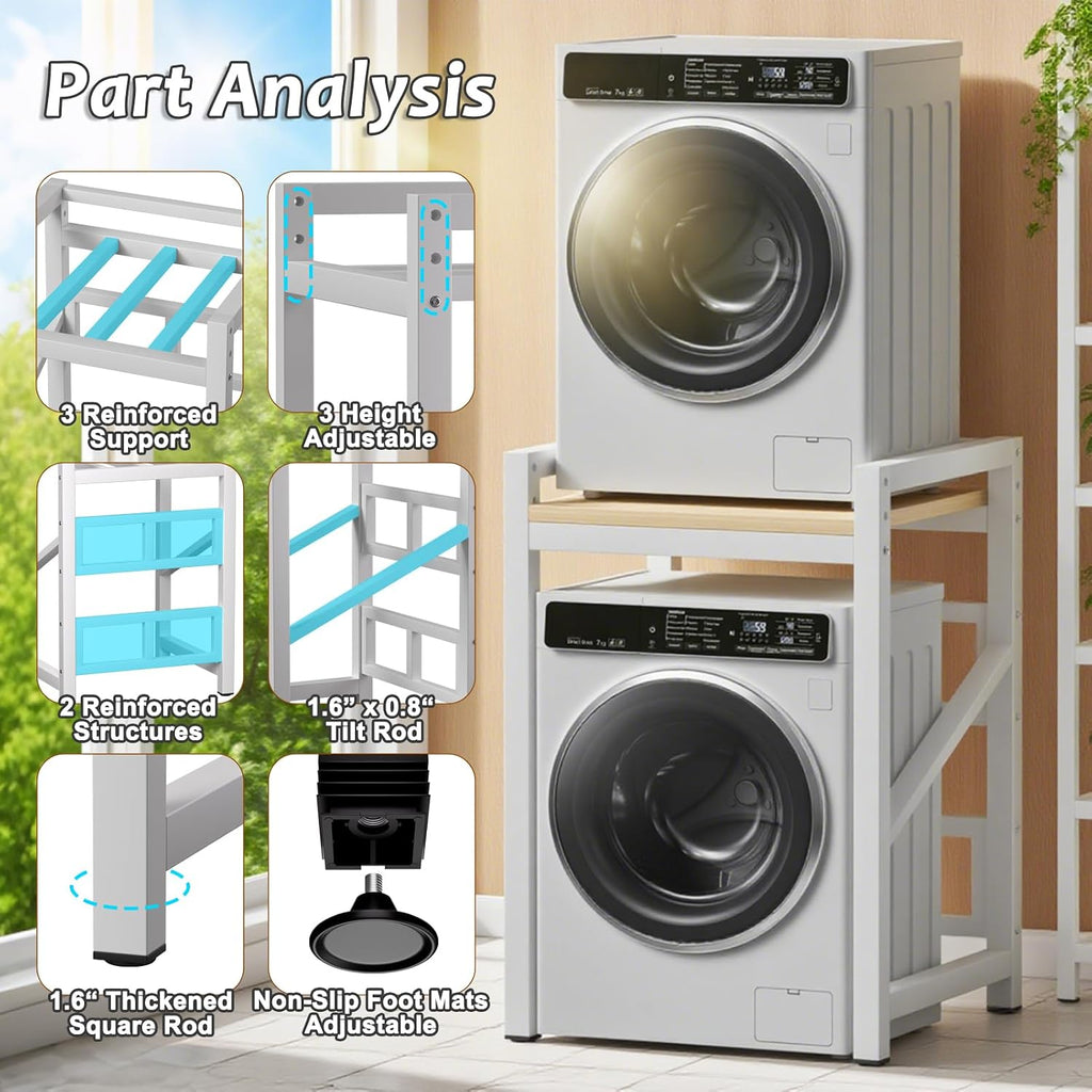 Over The Washer and Dryer Storage Shelf, Widen & 3 Height Adjustable Stacking Rack, Space Saver Washer Dryer Stacking Kit, Thicker Metal Washer Shelf for within 29.5' width (White, 29.5 Inch)