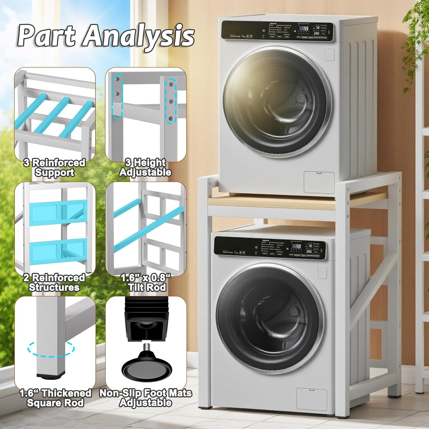 Over The Washer and Dryer Storage Shelf, Widen & 3 Height Adjustable Stacking Rack, Space Saver Washer Dryer Stacking Kit, Thicker Metal Washer Shelf for within 29.5' width (White, 29.5 Inch)
