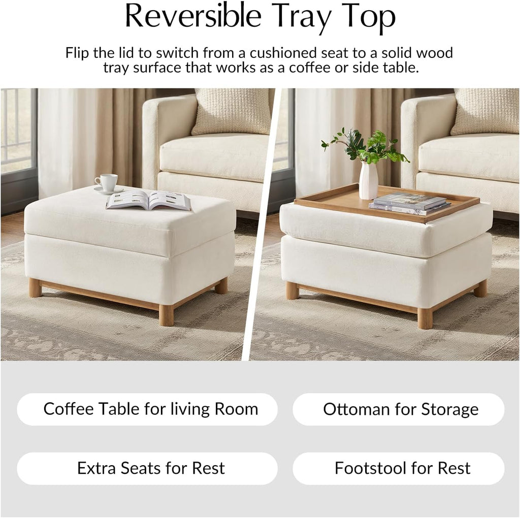 HULALA HOME 30.25' Ottoman Coffee Table with Reversible Tray Lid, Modern Upholstered Storage Ottoman with Solid Wood Base, Removable Top, Footrest and Extra Seating for Bedroom or Living Room, Ivory