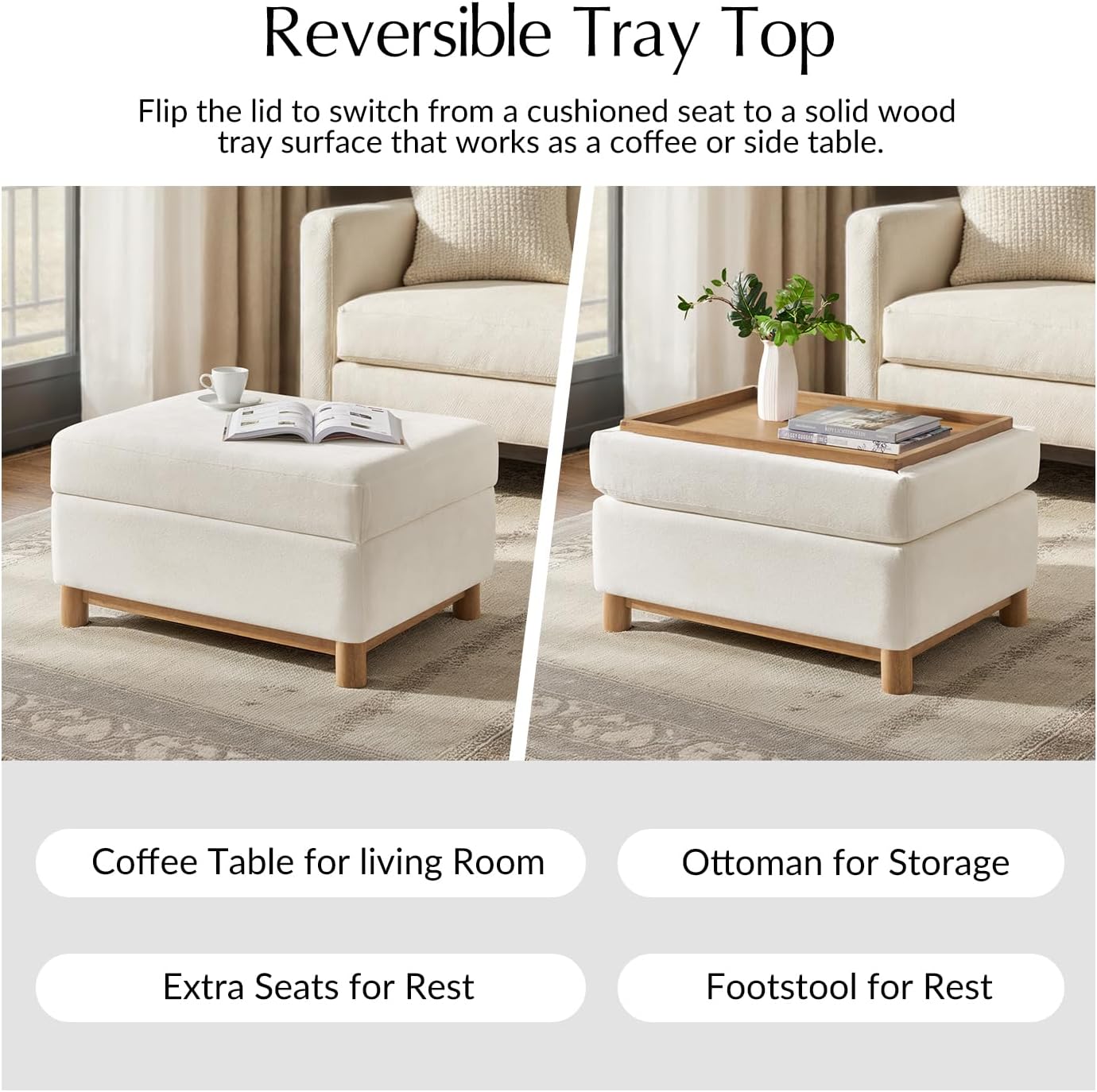 HULALA HOME 30.25' Ottoman Coffee Table with Reversible Tray Lid, Modern Upholstered Storage Ottoman with Solid Wood Base, Removable Top, Footrest and Extra Seating for Bedroom or Living Room, Ivory