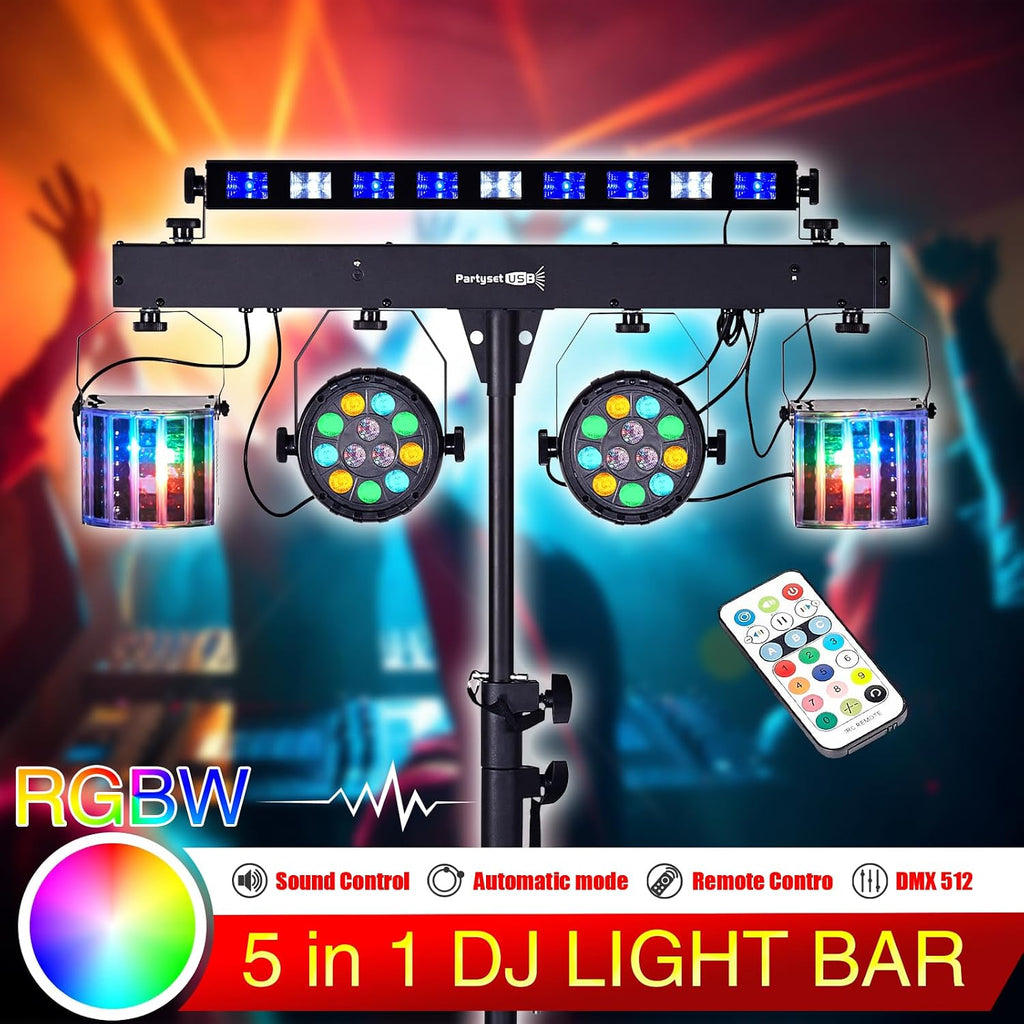 DJ Lights with Stand, 5 in 1 Party Lights DJ Disco Light for Parties Indoor, Sound Activated Mobile Stage Lighting System with DMX& Remote Control, Disco Ball Stage LED Par Light with Bag for Bar Gig