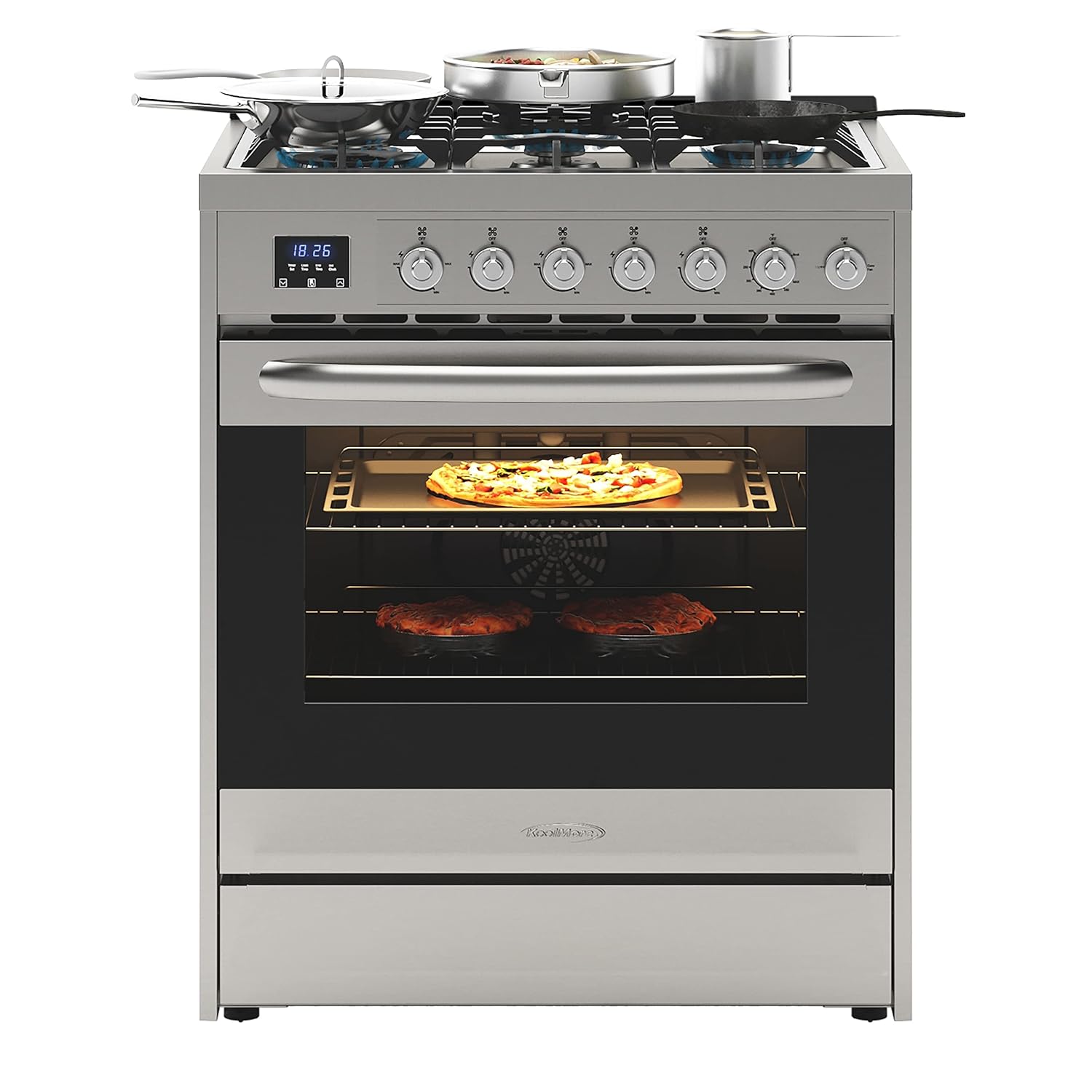 KoolMore 30' Inch Professional Gas Range Stove with 5 Burner Cooktop, Rapid Convection Oven, and Digital Timer with Heavy-Duty Cast Iron Grates, Stainless-Steel Appliance (KM-FR30G-SS),Silver