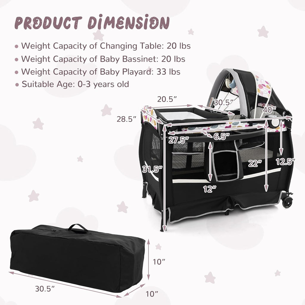 HONEY JOY Pack and Play, 4 in 1 Portable Baby Crib Playpen w/Bassinet, Changing Table, Canopy, Mattress, Music Box, Storage Bag, Foldable Pack n Play Nursery Center for Infant Boys Girls(Yellow)