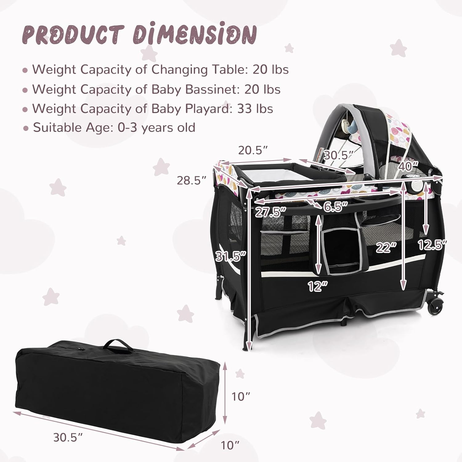HONEY JOY Pack and Play, 4 in 1 Portable Baby Crib Playpen w/Bassinet, Changing Table, Canopy, Mattress, Music Box, Storage Bag, Foldable Pack n Play Nursery Center for Infant Boys Girls(Yellow)