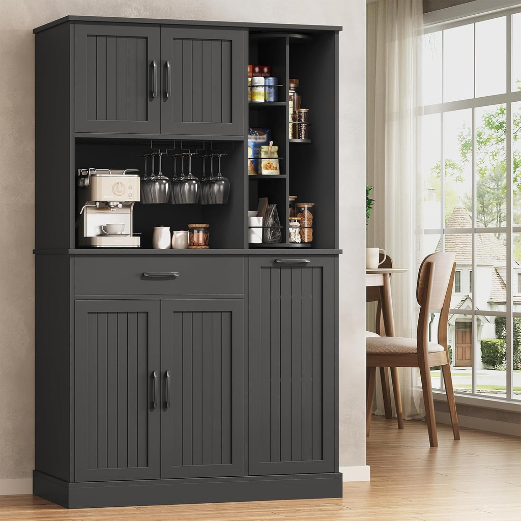 Pantry Cabinet Set of 2, 67.7' Tall Kitchen Pantry Storage Cabinet with 360° Rotating Shelf & 2 Racks, Freestanding Kitchen Hutch with Charging Station & Drawer, for Dining Room, Black