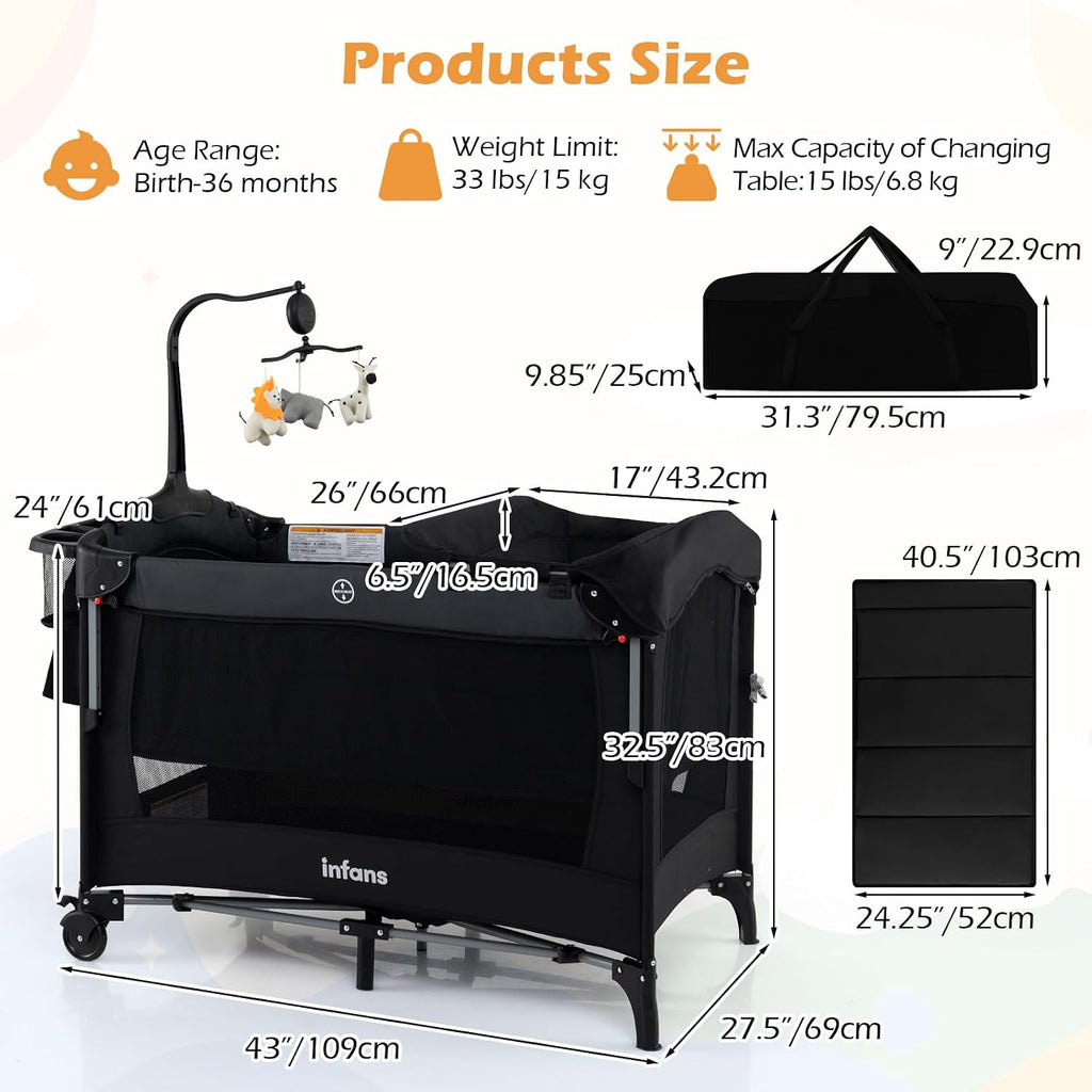 INFANS 4 in 1 Baby Bassinet, Converts Pack and Play to Portable Bedside Crib Sleeper with Diaper Changer, Mattress, Carry Bag, Music Box, Hanging Toys for Infants Toddlers (Black)