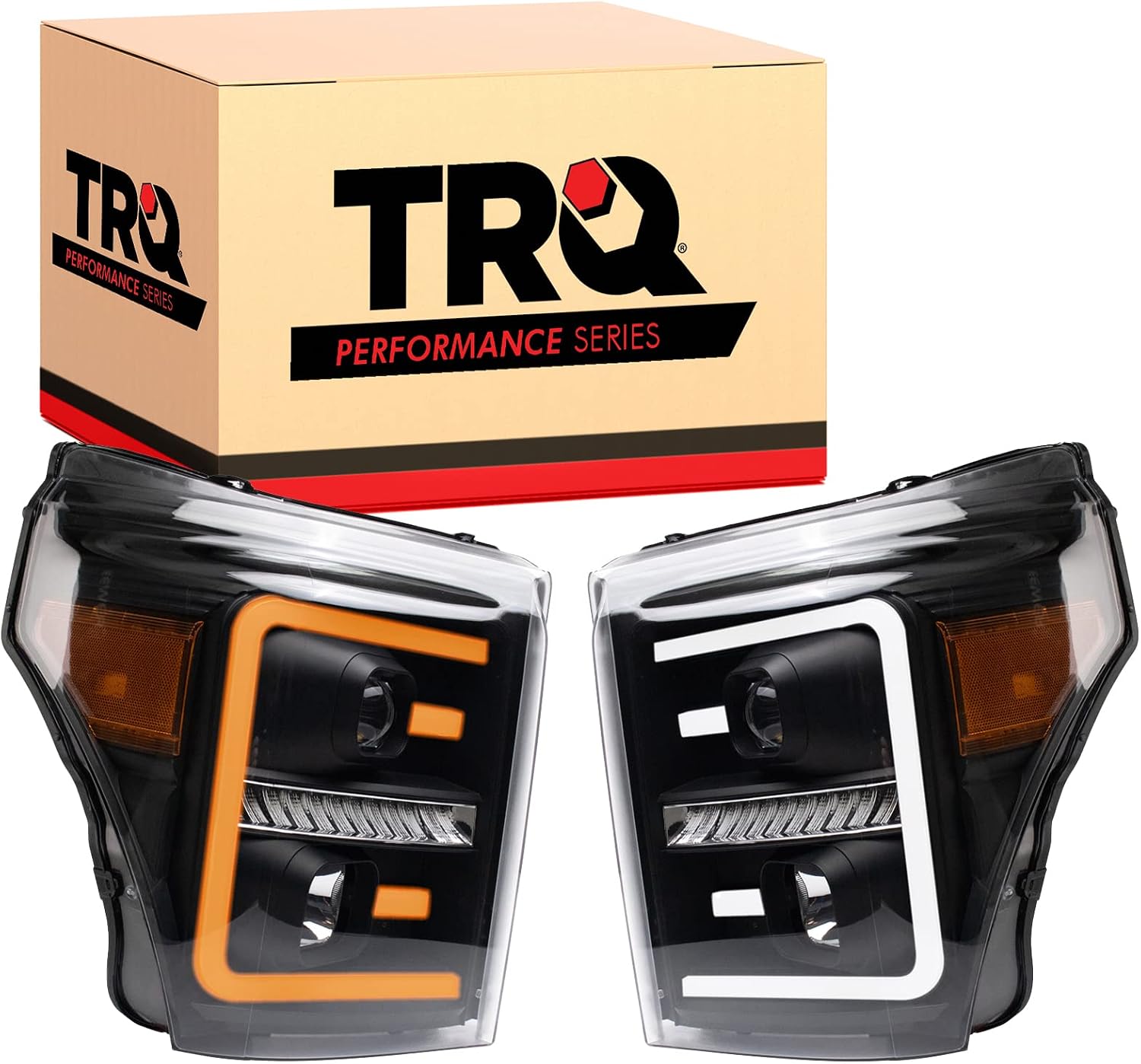 TRQ Performance Driver and Passenger Side Headlight Assembly Set Black Housing Compatible with 11-16 Ford F-250 Super Duty 11-16 Ford F-350 Super Duty 11-16 Ford F-450 Super Duty