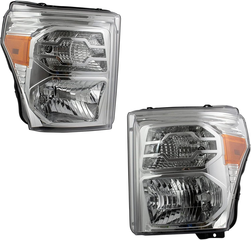TRQ 2 Piece Headlight Assembly Set Halogen Chrome Bezel Driver & Passenger Side Compatible with 2011-2016 Ford F-250 Super Duty F-350 Super Duty FO2502290 FO2503290