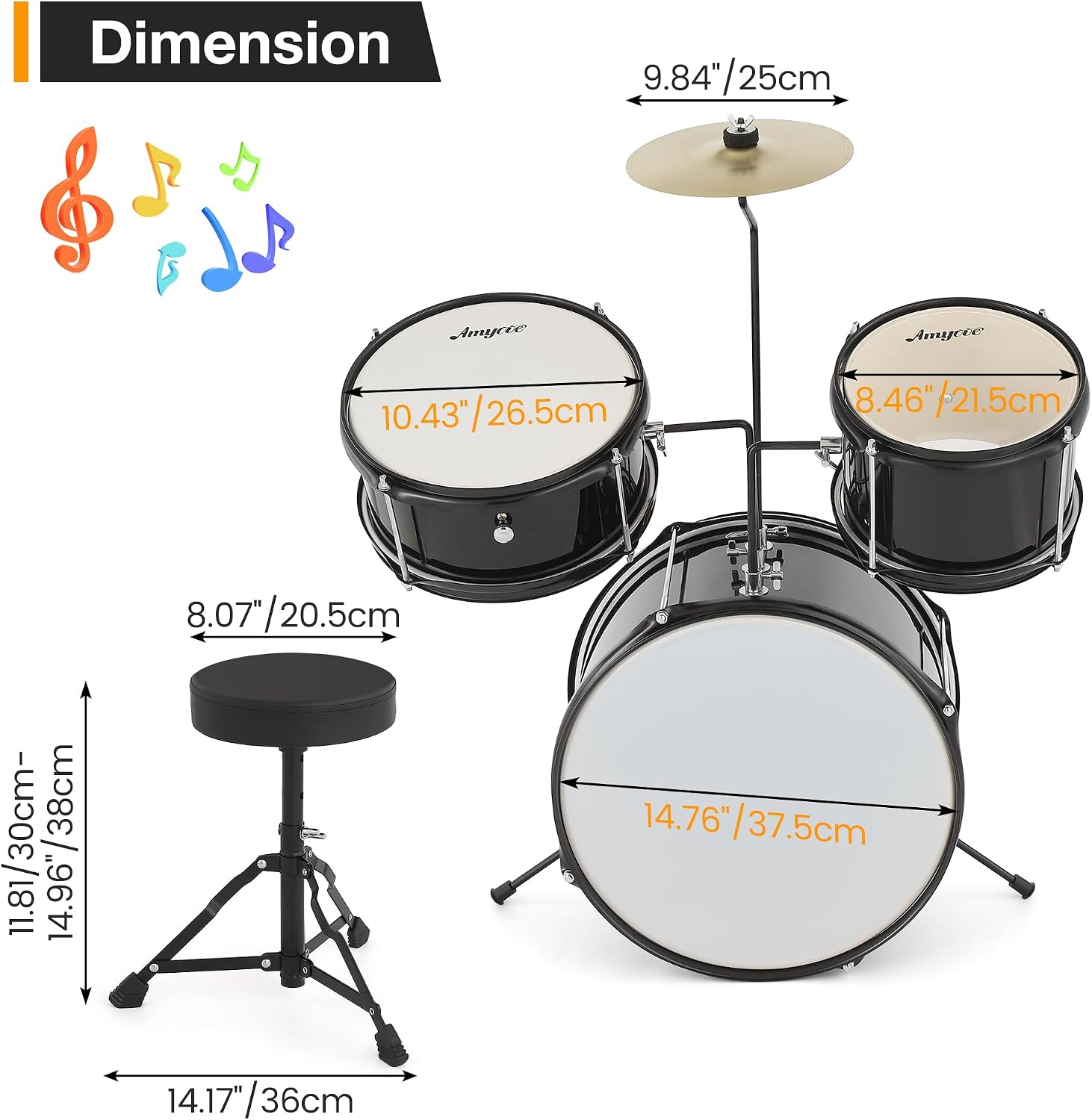 3-Piece Beginner Drum Set, Beginner Drum Set,with Bass Tom Snare Drum, 14 Inch Drum Kit with Snare, Cymbal, Drumsticks, Adjustable Seat (Metallic Black)