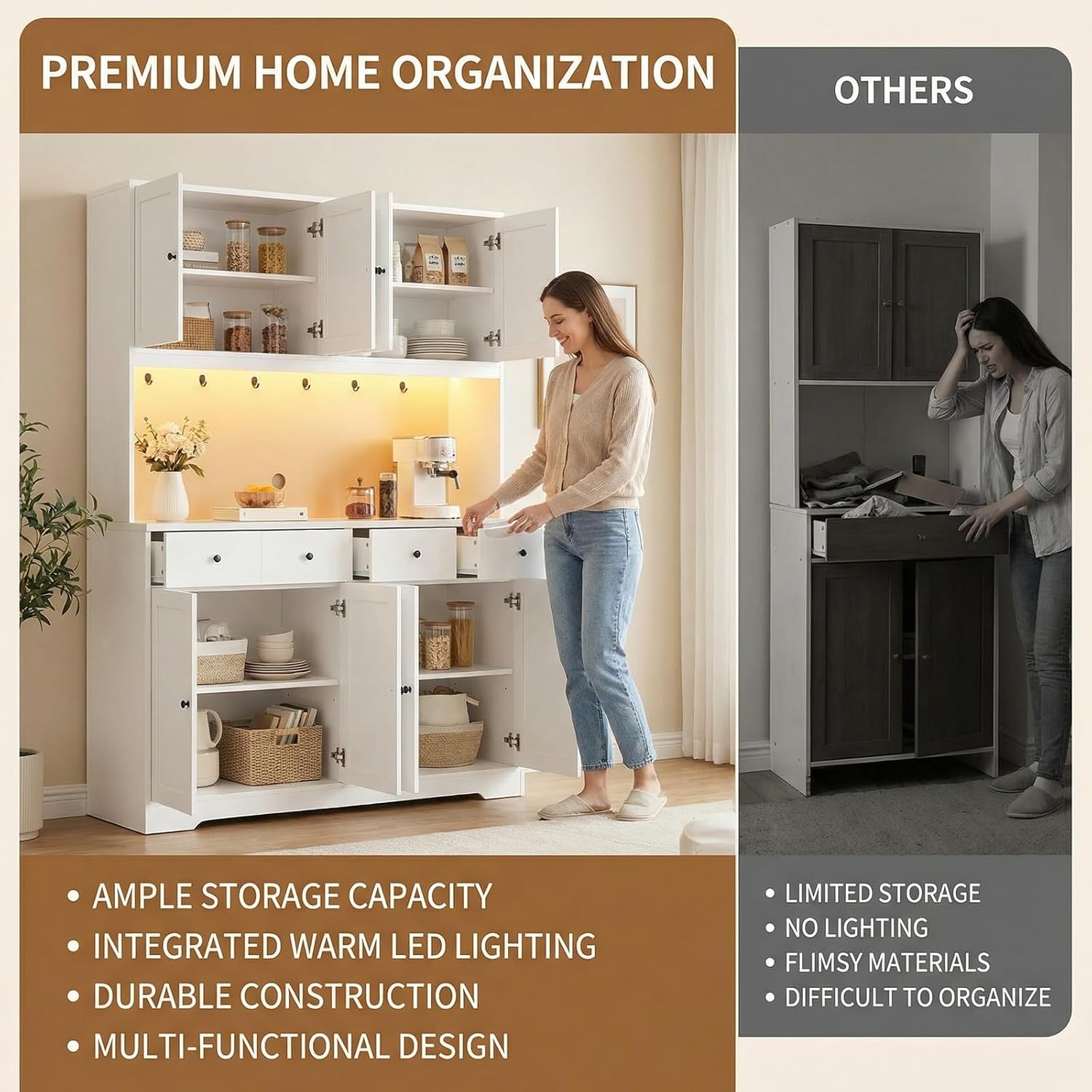 HIFIT 72' LED Kitchen Pantry Cabinet with Power Outlet & Cup Hooks, Tall Kitchen Hutch Storage Cabinets with Countertop Microwave Stand, Food Pantry Cabinet with Drawers for Dining Living Room, White