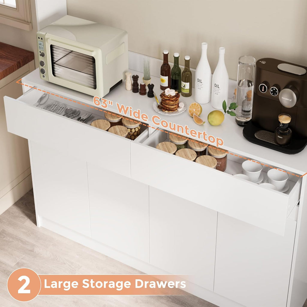 Bobve 71' Kitchen Pantry Cabinet, Kitchen Hutch with Microwave Stand, Buffet Cabinet with Large Storage Drawers for Dining Room (White)