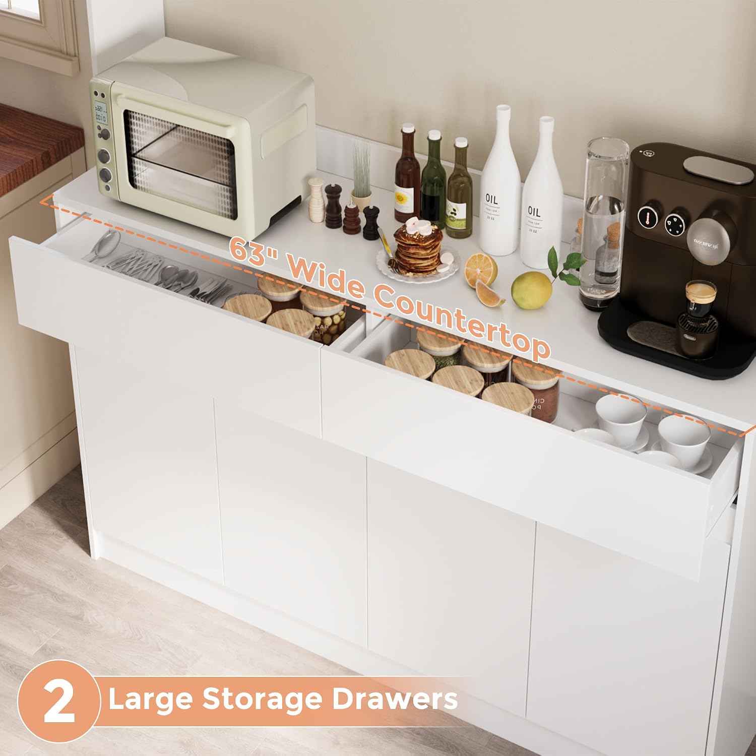 Bobve 71' Kitchen Pantry Cabinet, Kitchen Hutch with Microwave Stand, Buffet Cabinet with Large Storage Drawers for Dining Room (White)