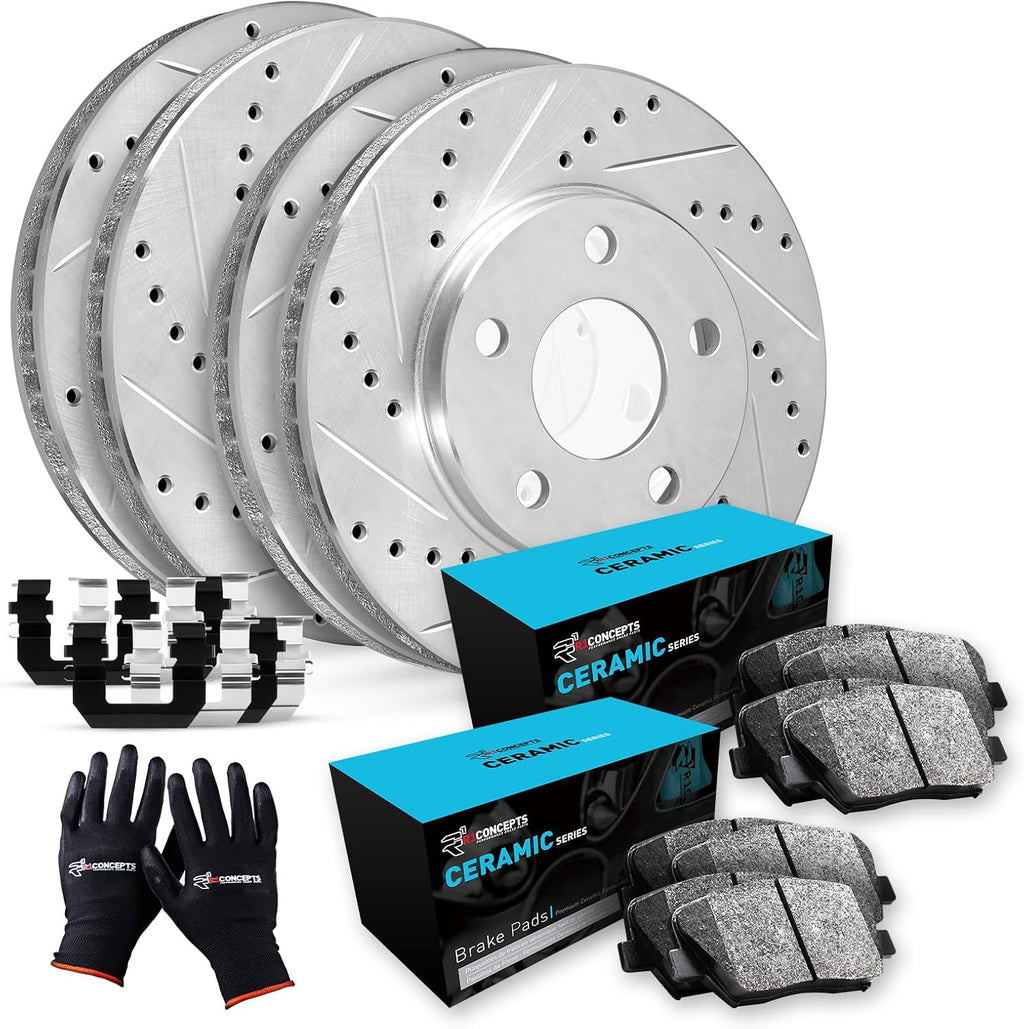 R1 Concepts Front and Rear Brake Kit For 2009-2011 Audi A4, 2010-2011 Audi A5, 2008-2009 Audi A5| Drilled Slotted Brake Rotors| Ceramic Brake Pads and Rotors Kit| Hardware, Sensor included
