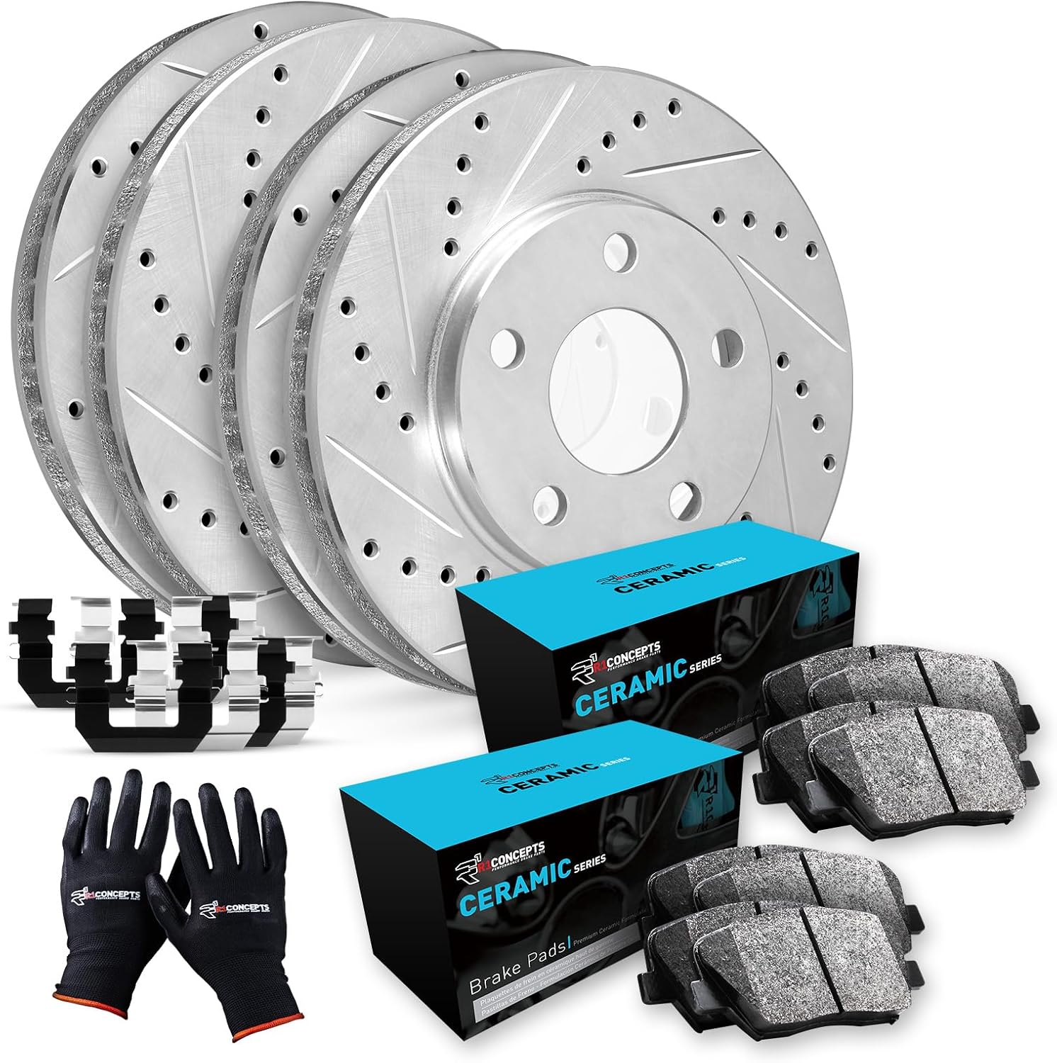 R1 Concepts Front and Rear Brake Kit For 2009-2011 Audi A4, 2010-2011 Audi A5, 2008-2009 Audi A5| Drilled Slotted Brake Rotors| Ceramic Brake Pads and Rotors Kit| Hardware, Sensor included