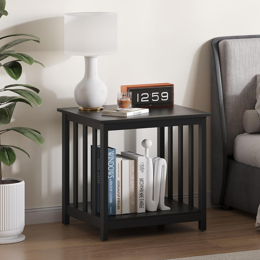 Treocho End Tables Living Room Set of 2, 24 Inch Square Side Table with 2-Tier Storage Shelf, Modern Nightstand for Living Room, Bedroom, Office, Black