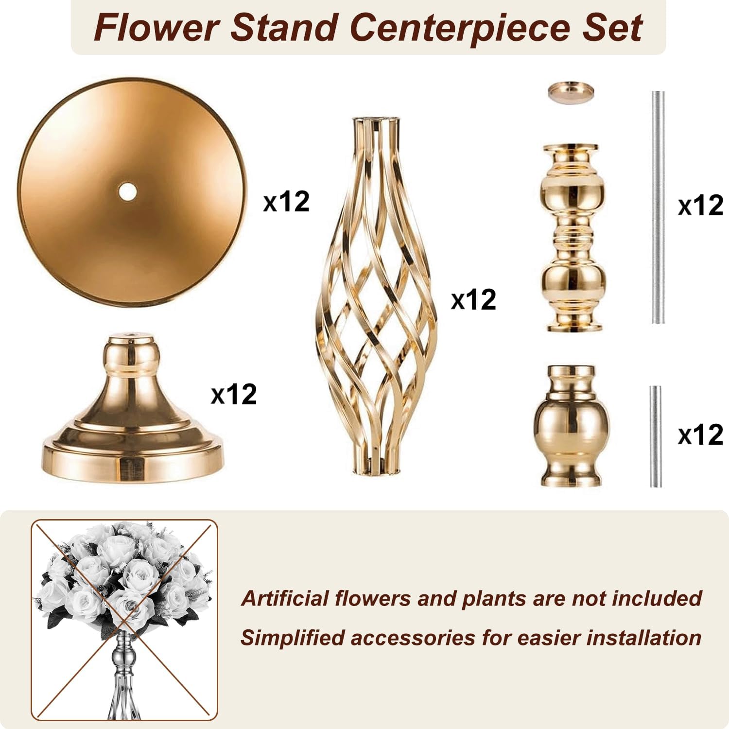 12Pcs Gold Centerpieces for Tables,Tall Gold Centerpieces for Wedding,Metal Candle Holder for Wedding Party, Dinner, Event, Hotel, Home Decor